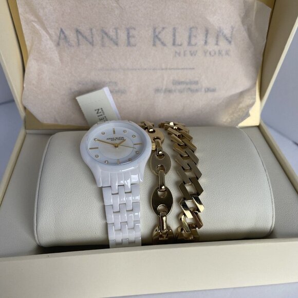Anne Klein Ladies 12/7740WTST White Ceramic Watch w/ 2- Gold Tone SS Bracelets - Picture 4 of 11